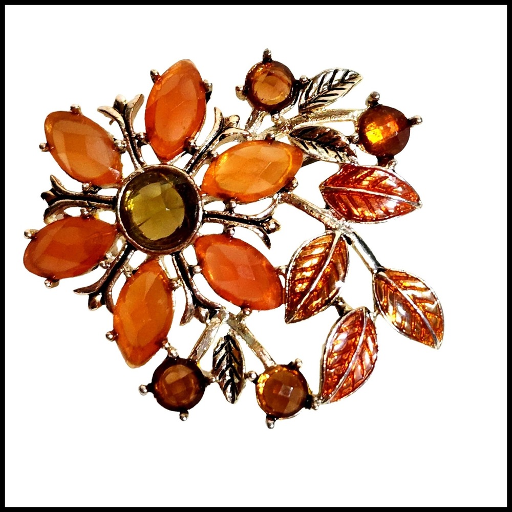 Vintage Brooch‎ Flower Leaves Enamel Orange Brown Pin